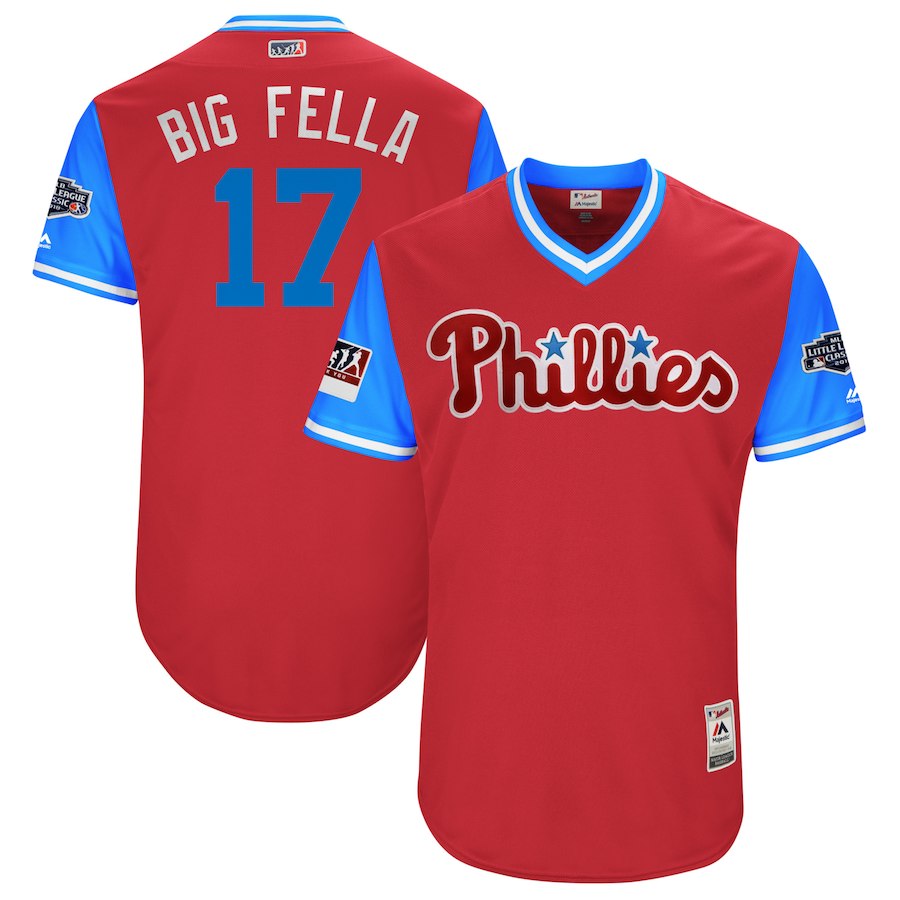 Men's Philadelphia Phillies Rhys Hoskins "Big Fella" Majestic Scarlet/Light Blue 2018 MLB Little League Classic Jersey